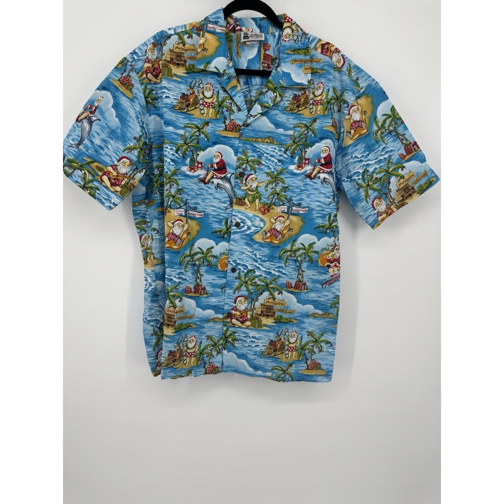 Aloha  Republic Shirt Men's XL Blue Santa Hawaiian Christmas Button Up USA